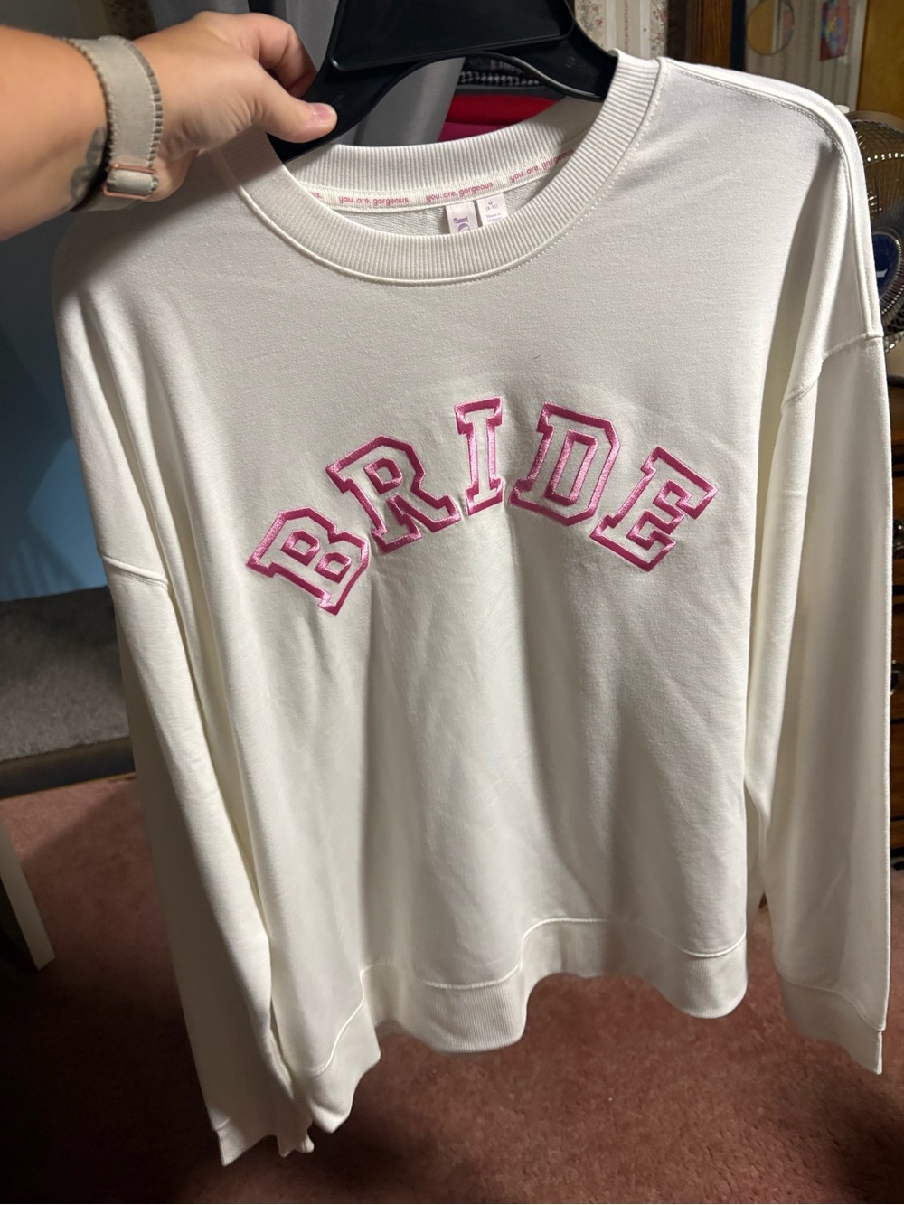Bride White Sweatshirt with Pink Lettering